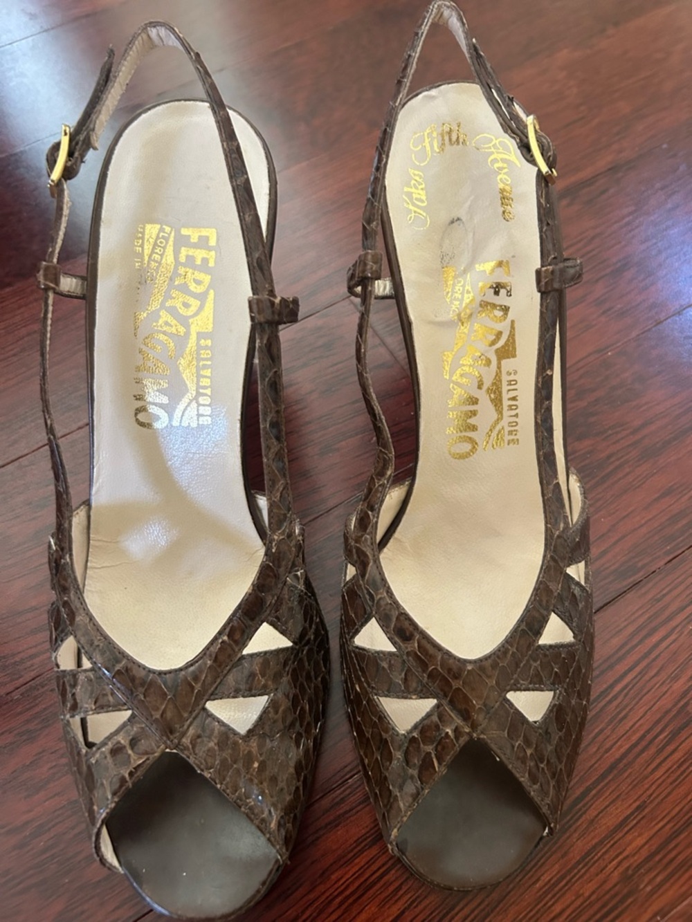 Salvatore Ferragamo Brown Snakeskin Peep-Toe Slingback Heels
